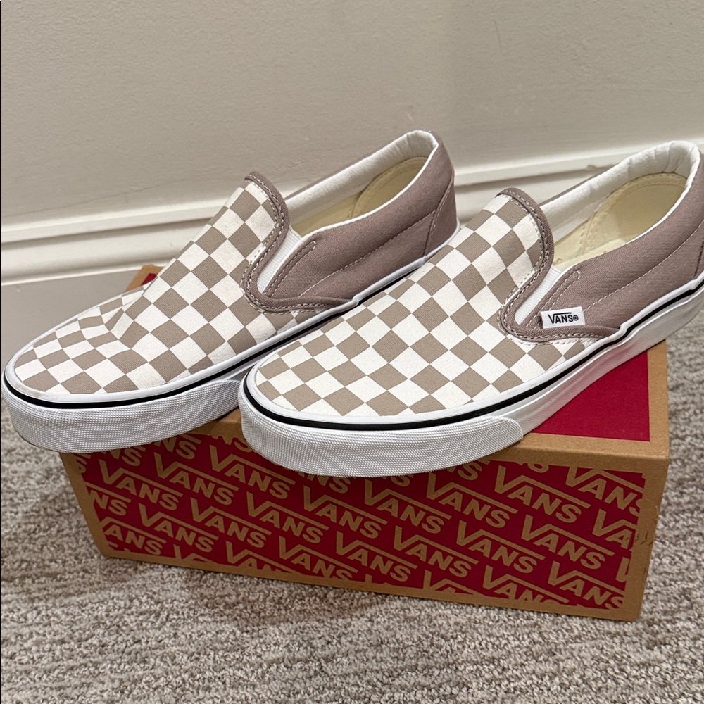 Vans Beige and White Checkered Slip-Ons